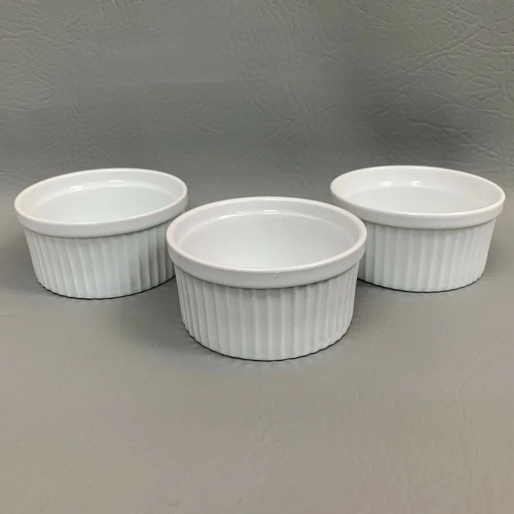 Ramekins White Dessert‎ Bowls Ribbed 3.5 across X 1.25 high Lot of 3